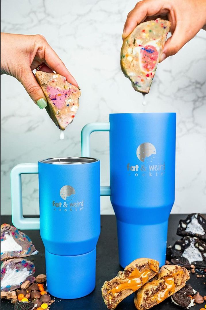 Fat & Weird Cookie social content — cookie dunk with HydroJug tumblers